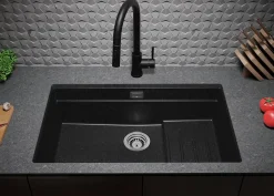 PRIMAGRAN Evier Sous Plan Graphite 76x47cm, Evier en Granit 1 bac + Kit de Vidage + Accessoires, Évier au meuble 80cm - Prague