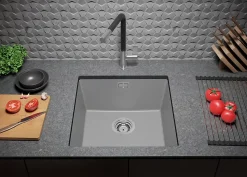 PRIMAGRAN Evier Sous Plan Gris 46x47cm, Evier en Granit 1 bac + Kit de Vidage, Évier au meuble 50cm - London