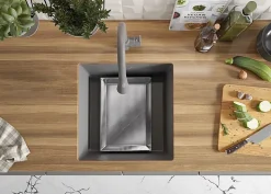 PRIMAGRAN Evier Sous Plan Gris 46x47cm, Evier en Granit 1 bac + Kit de Vidage, Évier au meuble 50cm - London