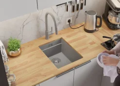 PRIMAGRAN Evier Sous Plan Gris 36x47cm, Evier en Granit 1 bac + Kit de Vidage + Accessoires, Évier au meuble 40cm - Prague