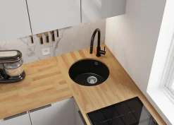 PRIMAGRAN Evier Sous Plan Noir 46x46cm, Evier en Granit 1 bac + Kit de Vidage, Évier au meuble 50cm - La Valette