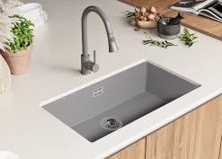 PRIMAGRAN Evier Sous Plan Gris 76x47cm, Evier en Granit 1 bac + Kit de Vidage, Évier au meuble 80cm - London