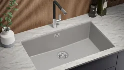 PRIMAGRAN Evier Sous Plan Gris 76x47cm, Evier en Granit 1 bac + Kit de Vidage, Évier au meuble 80cm - London