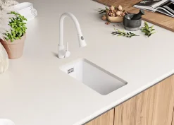 PRIMAGRAN Evier Sous Plan Blanc 26x47cm, Evier en Granit 1 bac + Kit de Vidage, Évier au meuble 30cm - London