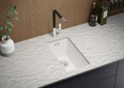 PRIMAGRAN Evier Sous Plan Blanc 26x47cm, Evier en Granit 1 bac + Kit de Vidage, Évier au meuble 30cm - London