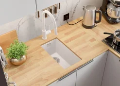 PRIMAGRAN Evier Sous Plan Blanc 26x47cm, Evier en Granit 1 bac + Kit de Vidage, Évier au meuble 30cm - London