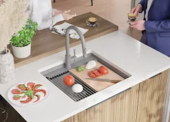 PRIMAGRAN Evier Sous Plan Gris 56x53cm, Evier en Granit 1 bac + Kit de Vidage + Planche à Découper, Évier au meuble 60cm - Bergen