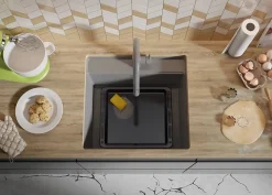 PRIMAGRAN Evier Sous Plan Gris 56x53cm, Evier en Granit 1 bac + Kit de Vidage + Planche à Découper, Évier au meuble 60cm - Bergen