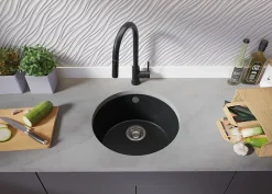 PRIMAGRAN Evier Sous Plan Graphite 46x46cm, Evier en Granit 1 bac + Kit de Vidage, Évier au meuble 50cm - La Valette