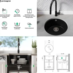 PRIMAGRAN Evier Sous Plan Graphite 46x46cm, Evier en Granit 1 bac + Kit de Vidage, Évier au meuble 50cm - La Valette