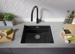 PRIMAGRAN Evier Sous Plan Graphite 56x47cm, Evier en Granit 1 bac + Kit de Vidage + Accessoires, Évier au meuble 60cm - Prague