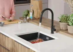 PRIMAGRAN Evier Sous Plan Graphite 56x47cm, Evier en Granit 1 bac + Kit de Vidage + Accessoires, Évier au meuble 60cm - Prague