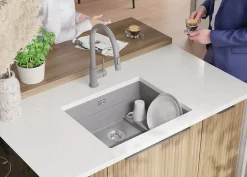 PRIMAGRAN Evier Sous Plan Gris 56x47cm, Evier en Granit 1 bac + Kit de Vidage + Accessoires, Évier au meuble 60cm - Prague