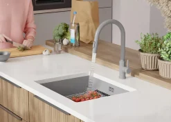 PRIMAGRAN Evier Sous Plan Gris 56x47cm, Evier en Granit 1 bac + Kit de Vidage + Accessoires, Évier au meuble 60cm - Prague