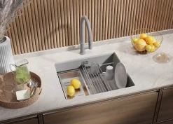 PRIMAGRAN Evier Sous Plan Gris 56x47cm, Evier en Granit 1 bac + Kit de Vidage + Accessoires, Évier au meuble 60cm - Prague