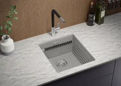 PRIMAGRAN Evier Sous Plan Gris 41x47cm, Evier en Granit 1 bac + Kit de Vidage + Accessoires, Évier au meuble 45cm - Prague