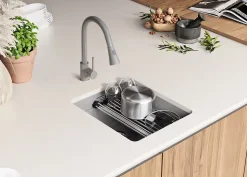 PRIMAGRAN Evier Sous Plan Gris 41x47cm, Evier en Granit 1 bac + Kit de Vidage + Accessoires, Évier au meuble 45cm - Prague