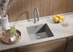 PRIMAGRAN Evier Sous Plan Gris 46x44cm, Evier en Granit 1 bac + Kit de Vidage, Évier au meuble 50cm - Venise Easy