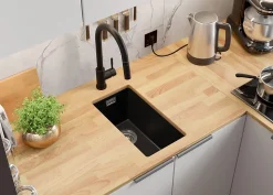 PRIMAGRAN Evier Sous Plan Noir 26x47cm, Evier en Granit 1 bac + Kit de Vidage, Évier au meuble 30cm - London