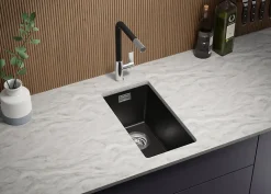 PRIMAGRAN Evier Sous Plan Noir 26x47cm, Evier en Granit 1 bac + Kit de Vidage, Évier au meuble 30cm - London