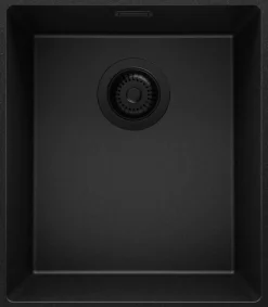 PRIMAGRAN Evier Sous Plan Tout Noir 41x47cm, Evier en Granit 1 bac + Kit de Vidage, Évier au meuble 45cm - London