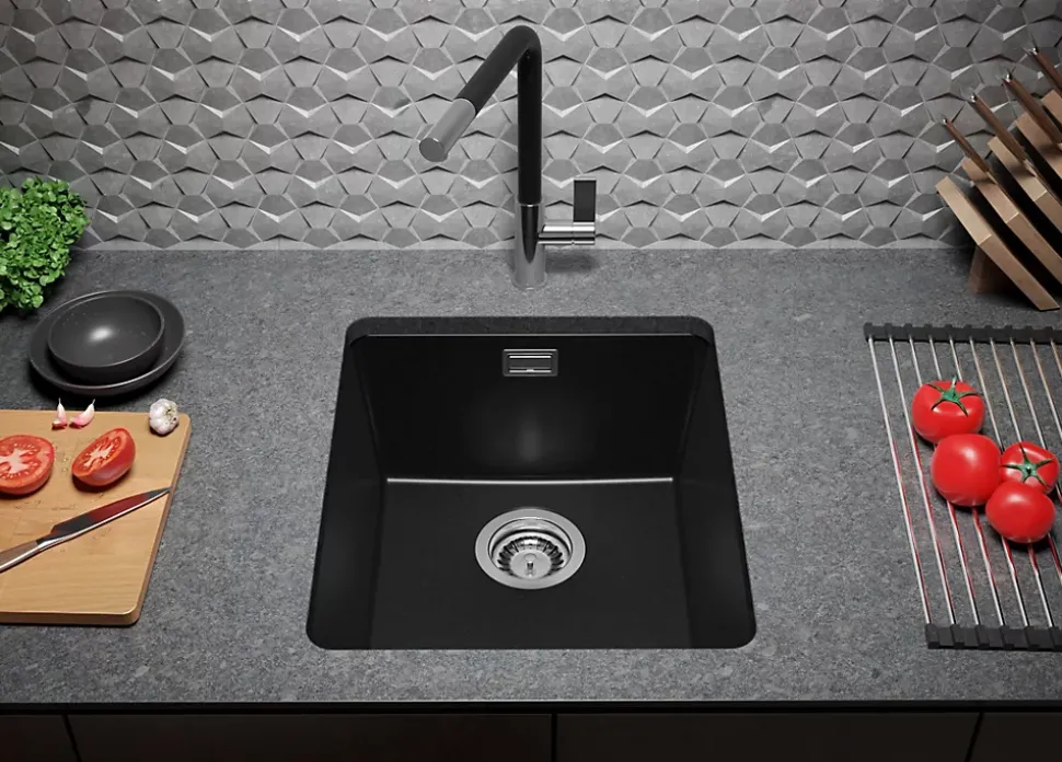 PRIMAGRAN Evier Sous Plan Tout Noir 41x47cm, Evier en Granit 1 bac + Kit de Vidage, Évier au meuble 45cm - London