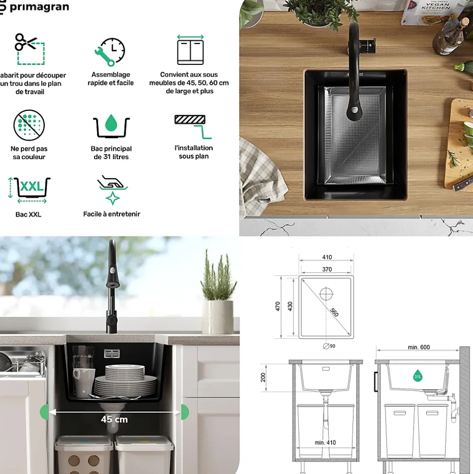 PRIMAGRAN Evier Sous Plan Tout Noir 41x47cm, Evier en Granit 1 bac + Kit de Vidage, Évier au meuble 45cm - London