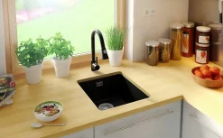 PRIMAGRAN Evier Sous Plan Tout Noir 41x47cm, Evier en Granit 1 bac + Kit de Vidage, Évier au meuble 45cm - London