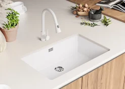 PRIMAGRAN Evier Sous Plan Blanc 76x47cm, Evier en Granit 1 bac + Kit de Vidage + Accessoires, Évier au meuble 80cm - Prague