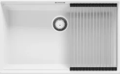 PRIMAGRAN Evier Sous Plan Blanc 76x47cm, Evier en Granit 1 bac + Kit de Vidage + Accessoires, Évier au meuble 80cm - Prague