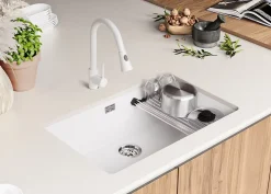 PRIMAGRAN Evier Sous Plan Blanc 76x47cm, Evier en Granit 1 bac + Kit de Vidage + Accessoires, Évier au meuble 80cm - Prague