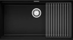 PRIMAGRAN Evier Sous Plan Noir Métallisé 86x47cm, Evier en Granit 1 bac + Kit de Vidage + Accessoires, Évier au meuble 90cm