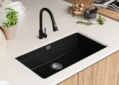 PRIMAGRAN Evier Sous Plan Noir Métallisé 86x47cm, Evier en Granit 1 bac + Kit de Vidage + Accessoires, Évier au meuble 90cm