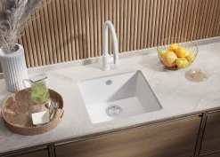 PRIMAGRAN Evier Sous Plan Blanc 46x44cm, Evier en Granit 1 bac + Kit de Vidage, Évier au meuble 50cm - Venise Easy