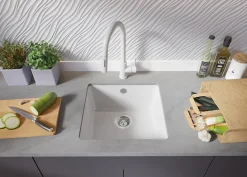 PRIMAGRAN Evier Sous Plan Blanc 46x44cm, Evier en Granit 1 bac + Kit de Vidage, Évier au meuble 50cm - Venise Easy