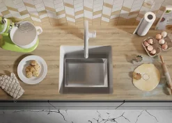 PRIMAGRAN Evier Sous Plan Blanc 46x44cm, Evier en Granit 1 bac + Kit de Vidage, Évier au meuble 50cm - Venise Easy