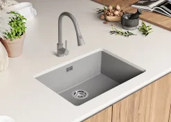 PRIMAGRAN Evier Sous Plan Gris 66x47cm, Evier en Granit 1 bac + Kit de Vidage, Évier au meuble 70cm - London