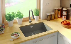 PRIMAGRAN Evier Sous Plan Gris 66x47cm, Evier en Granit 1 bac + Kit de Vidage, Évier au meuble 70cm - London