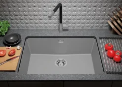 PRIMAGRAN Evier Sous Plan Gris 66x47cm, Evier en Granit 1 bac + Kit de Vidage, Évier au meuble 70cm - London