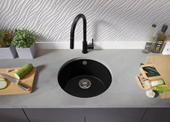 PRIMAGRAN Evier Sous Plan Noir Métallisé 46x46cm, Evier en Granit 1 bac + Kit de Vidage, Évier au meuble 50cm - La Valette