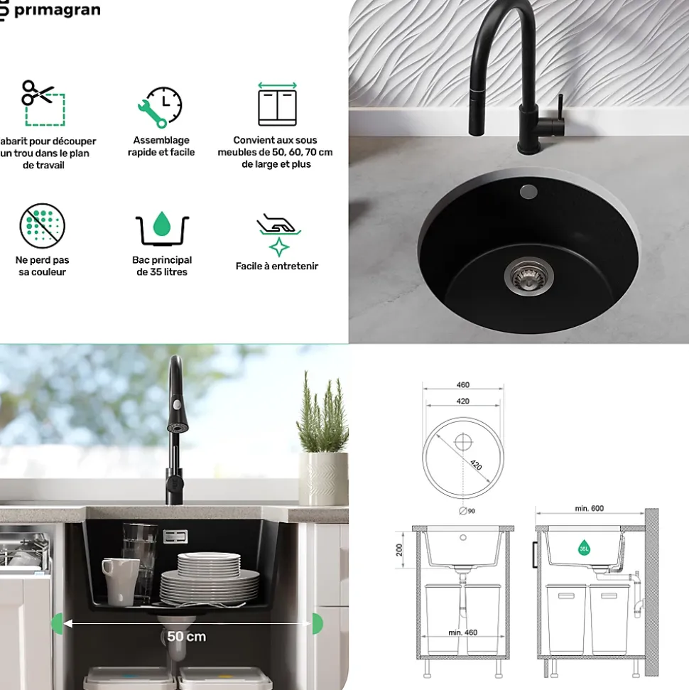 PRIMAGRAN Evier Sous Plan Noir Métallisé 46x46cm, Evier en Granit 1 bac + Kit de Vidage, Évier au meuble 50cm - La Valette
