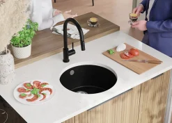 PRIMAGRAN Evier Sous Plan Noir Métallisé 46x46cm, Evier en Granit 1 bac + Kit de Vidage, Évier au meuble 50cm - La Valette