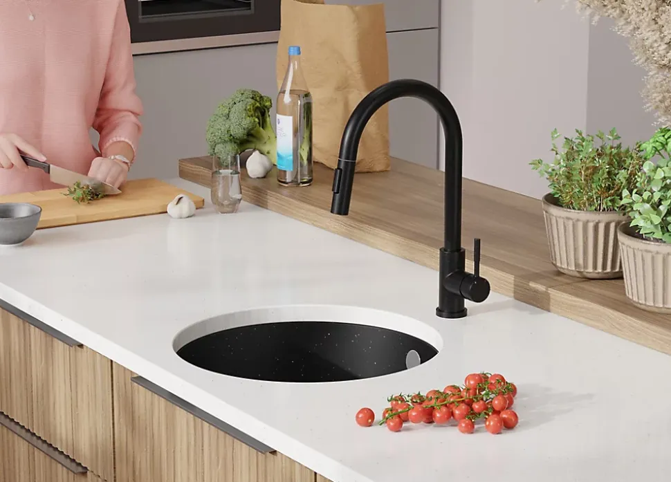 PRIMAGRAN Evier Sous Plan Noir Métallisé 46x46cm, Evier en Granit 1 bac + Kit de Vidage, Évier au meuble 50cm - La Valette