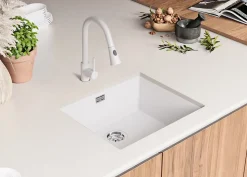 PRIMAGRAN Evier Sous Plan Blanc 56x47cm, Evier en Granit 1 bac + Kit de Vidage, Évier au meuble 60cm - London