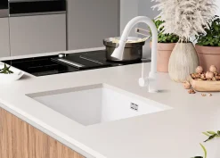 PRIMAGRAN Evier Sous Plan Blanc 56x47cm, Evier en Granit 1 bac + Kit de Vidage, Évier au meuble 60cm - London