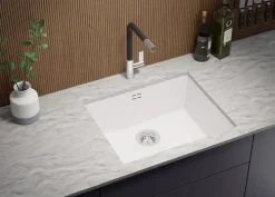 PRIMAGRAN Evier Sous Plan Blanc 56x47cm, Evier en Granit 1 bac + Kit de Vidage, Évier au meuble 60cm - London