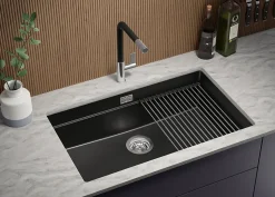 PRIMAGRAN Evier Sous Plan Noir Métallisé 76x47cm, Evier en Granit 1 bac + Kit de Vidage + Accessoires, Évier au meuble 80cm