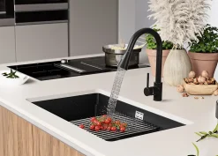 PRIMAGRAN Evier Sous Plan Noir Métallisé 76x47cm, Evier en Granit 1 bac + Kit de Vidage + Accessoires, Évier au meuble 80cm