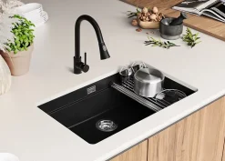 PRIMAGRAN Evier Sous Plan Noir Métallisé 76x47cm, Evier en Granit 1 bac + Kit de Vidage + Accessoires, Évier au meuble 80cm