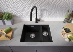 PRIMAGRAN Evier Sous Plan Graphite 56x47cm, Evier en Granit 1,5 bacs + Kit de Vidage, Évier au meuble 60cm - London Duo